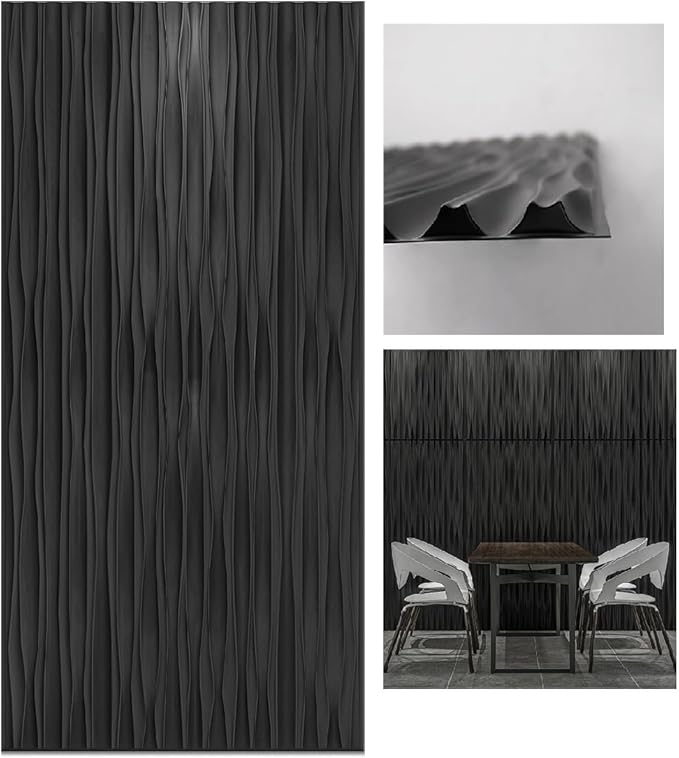 Art3d 46.2 SF Large 3D Wall Panels for Interior Décor, PVC Textured Wavy Wall Panels for Living Room, Bedroom and Office, Pack of 6 (47.2"×23.6"), Black