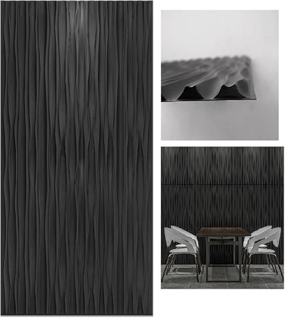 Art3d 46.2 SF Large 3D Wall Panels for Interior Décor, PVC Textured Wavy Wall Panels for Living Room, Bedroom and Office, Pack of 6 (47.2"×23.6"), Black