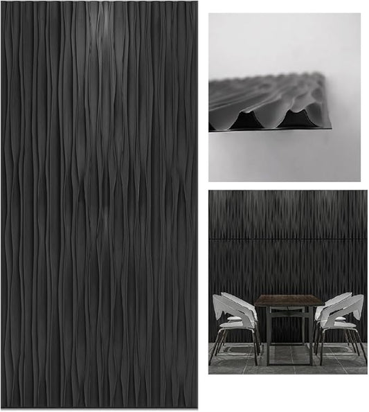 Art3d 46.2 SF Large 3D Wall Panels for Interior Décor, PVC Textured Wavy Wall Panels for Living Room, Bedroom and Office, Pack of 6 (47.2"×23.6"), Black