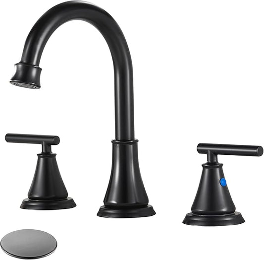 Fransiton Black 8 Inch Widespread Bathroom Sink Faucet 3 Hole, Bathroom Vanity Faucet with Metal Pop-up Drain Assembly, 2 Handle Basin Supply Hoses