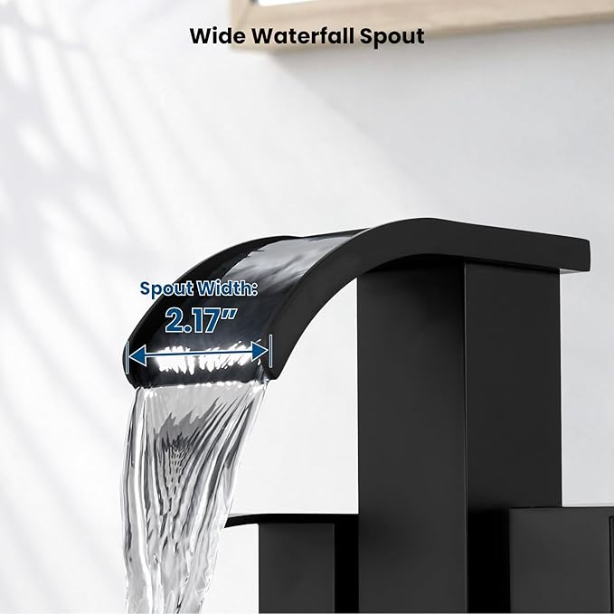 gotonovo Waterfall 4 Inch Centerset Bathroom Sink Faucet 2 Handle Basin Faucets 2 or 3 Hole Deck Mount with Pop Up Drain Included Lavatory Modern Mixer Tap Vanity Faucet Matte Black