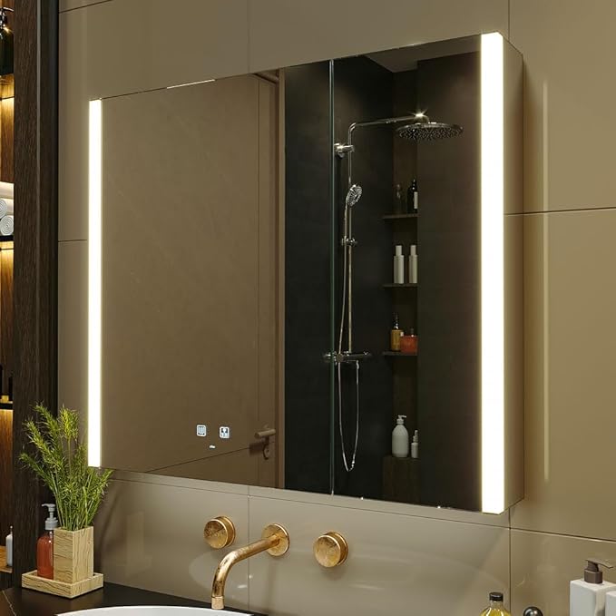 KWW LED Lighted Bathroom Medicine Cabinet with Sockets & USBs, Defogger, Dimmable, 3 Color Light Makeup Mirror, Easy to Install, Wall Mounted Cabinet (2 door-31 * 28)