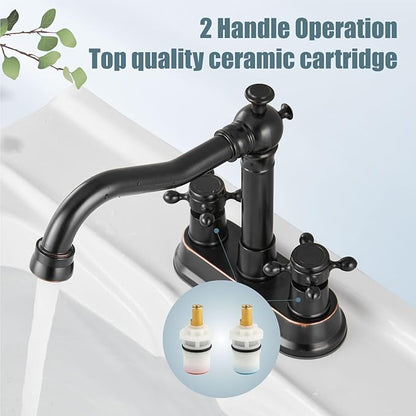 Aolemi 4 Inch Centerset Bathroom Sink Faucet Vintage 2 Cross Handle RV Mixer Tap Basin Vanity Lavatory Utility for Sink 3 Hole Include Hoses Pop Up Drain Faucet Handle Without Label Oil Rubbed Bronze