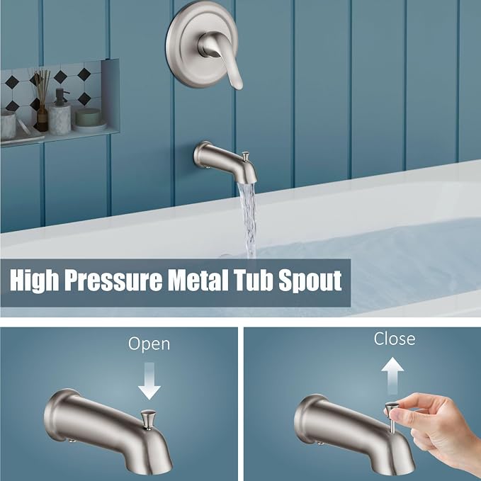Aolemi Tub Shower Faucet Set Dual 8 Mode Head Valve Kit Brushed Nickel | Valve and Trim Kit, ABS Shower Head and Handheld System, Bathroom Bath Tub Spout 6.3",SUS304,Single Handle