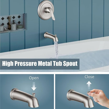 Aolemi Tub Shower Faucet Set Dual 8 Mode Head Valve Kit Brushed Nickel | Valve and Trim Kit, ABS Shower Head and Handheld System, Bathroom Bath Tub Spout 6.3",SUS304,Single Handle