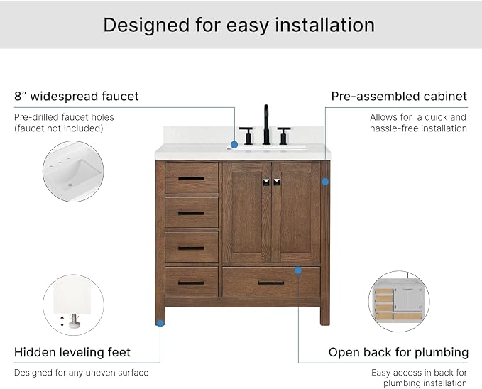 ARIEL Cambridge 36-inch Bathroom Vanity with Sink,Solid Wood, 1.5-inch Carrara White Quartz Countertop, Single Rectangular Porcelain Sink, 2 Soft Closing Doors, 5 Dovetail Drawers, Brown Oak