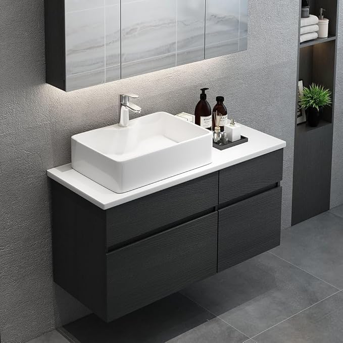 Bathroom Vanity Floating Bathroom Sink Cabinet with Ceramic Vessel Sink Wall Mounted Floating Vanity (Black & White, 31.5" W)