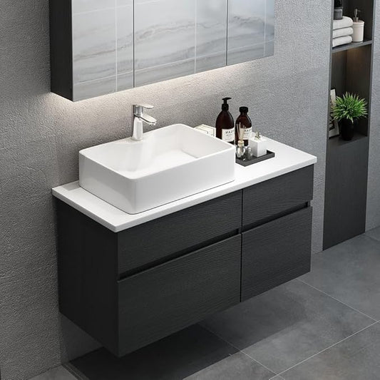 Bathroom Vanity Floating Bathroom Sink Cabinet with Ceramic Vessel Sink Wall Mounted Floating Vanity (Black & White, 31.5" W)