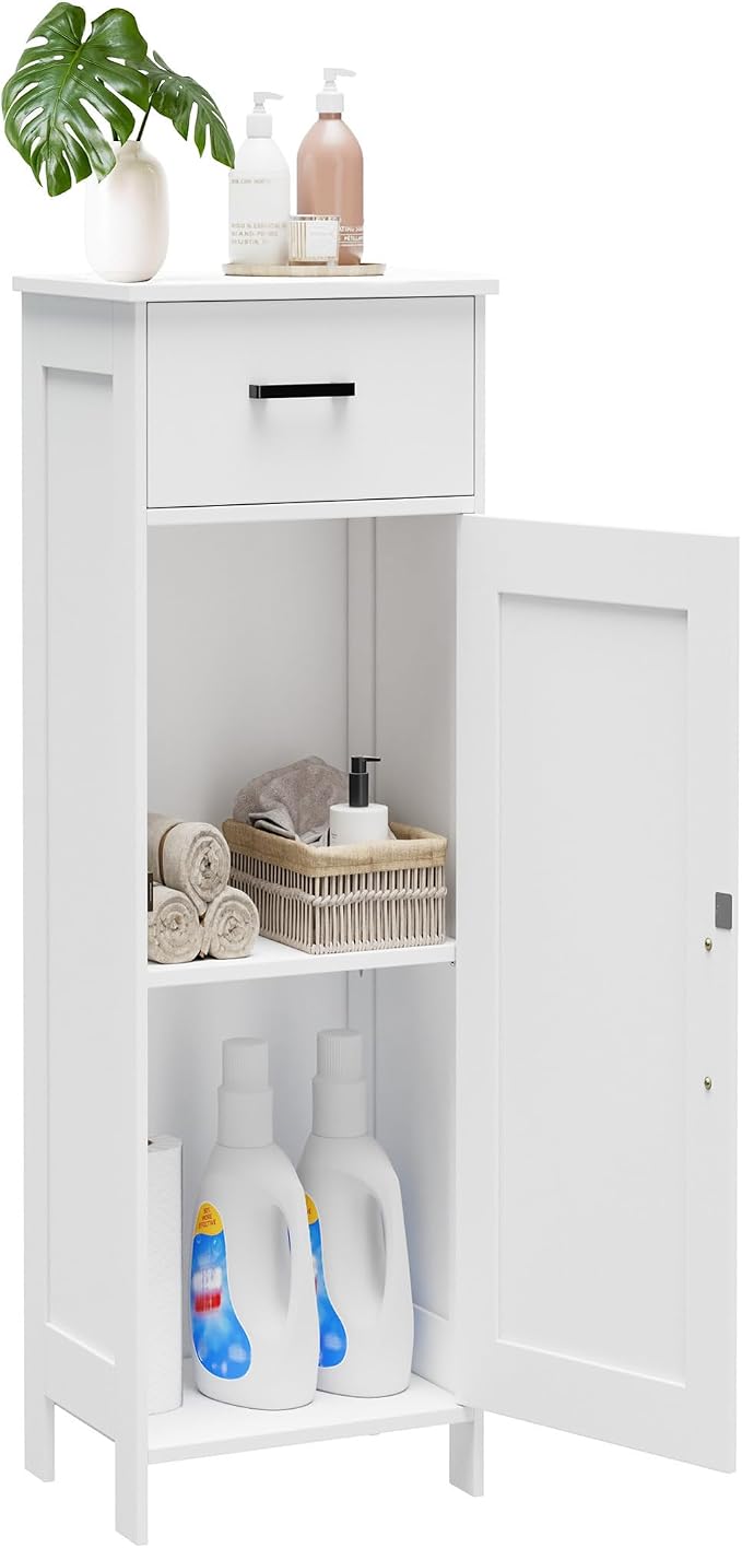 Homhedy Bathroom Storage Cabinet with Drawer & Adjustable Shelf | Freestanding Storage Cabinet for Bathroom, Entryway, Living Room & Kitchen, White, 11.8"W