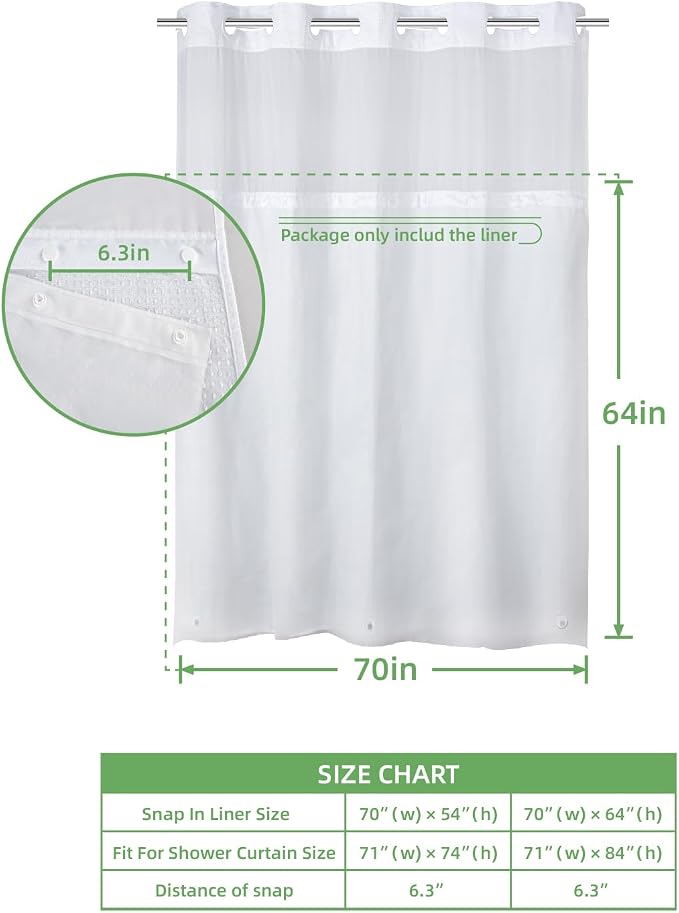 eachope 2 Pack PEVA Snap-in Shower Curtain Liner Replacement,Compatible with No Hook Shower Curtain with Snap in Liner, Removable & Water-Repellent,Machine Washable,70x64,Frost