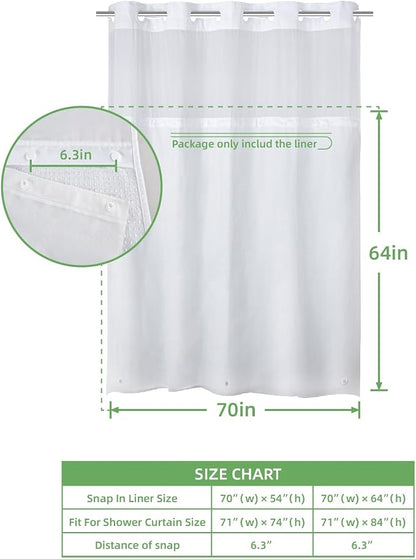 eachope 2 Pack PEVA Snap-in Shower Curtain Liner Replacement,Compatible with No Hook Shower Curtain with Snap in Liner, Removable & Water-Repellent,Machine Washable,70x64,Frost