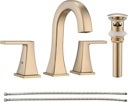 Bathroom Faucets for Sink, 2 Handle Widespread Bathroom Sink Faucet, 3 Hole Modern Stainless Steel Faucet with Pop-up Drain and Water Supply Lines, Brushed Golden