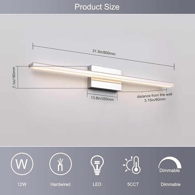 LED Modern Bathroom Vanity Light Fixtures 24W Dimmable 5CCT LED Vanity Light Bar Over Mirror Matte Black Wall Light for Bathroom 31.5 inch Long