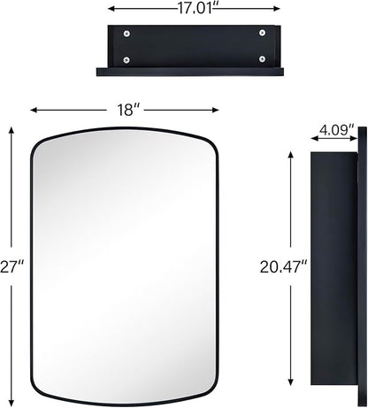 Black Arched Recessed and Surface Mount Bathroom Medicine Cabinet with Mirror Metal Framed Rectangular Bathroom Cabinet with 3 Tempered Glass Adjustable Shelves 18x27''