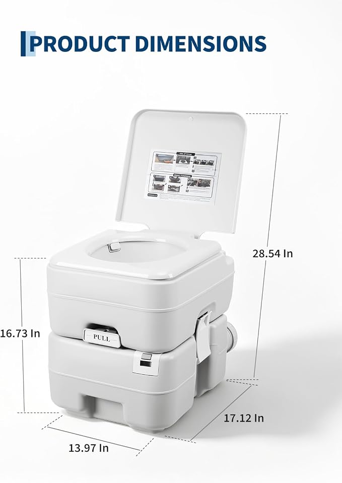 Pressurized 3-Outlet Flush Portable Toilet, 20L Capacity with Level Gauge, Detachable Waste Tank, for Camping, RV, Home, White