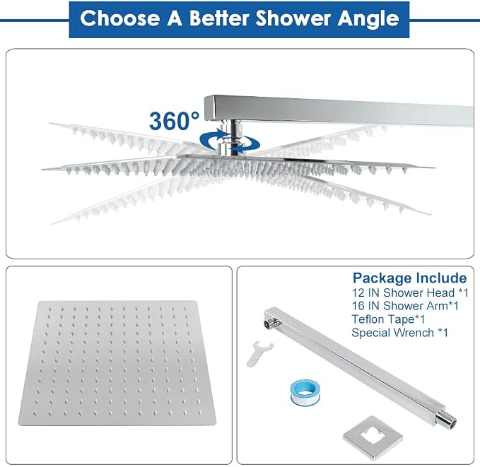 Shower Head with Extension Arm, High Pressure Square with ShowerArm, Stainless Steel Rainfall -Waterfall Full Body Coverage (12'' Shower with 16'' Arm, Chrome)