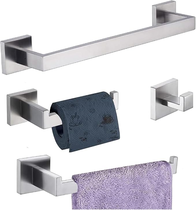 Bathroom Hardware Set 4 Piece Brushed Nickel Bathroom Accessories Set SUS304 Towel Bar Set Includes Towel Bar 16 Inch+Towel Holder+Toilet Paper Holder+Towel Hooks (4, Brushed Nickel, 16 Inch)