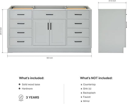 ARIEL Hepburn 66-inch Bathroom Vanity Base Cabinet,Solid Wood, 2 Soft Closing Doors, 9 Dovetail Drawers, Grey