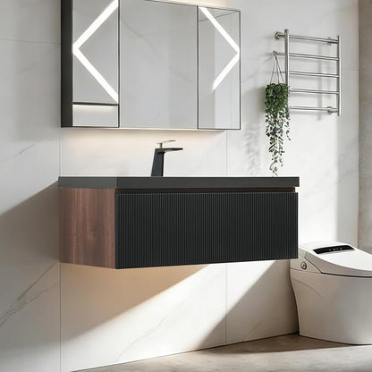 42 Inch Floating Bathroom Vanity with Sink, Modern Wall-Mounted Storage Cabinet with Wave Texture Drawers, Soft-Close & Black Quartz Sand Basin, Smoked Walnut,Fully Pre-Assembled