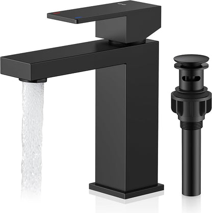 Matte Black Single Handle Bathroom Faucet 1 Hole, Black Vanity Faucet | Bathroom Sink Faucet with Pop Up Drain & Supply Lines, Lead-Free cUPC & NSF Certified, 1 Handle Faucet for Vanity RV Restroom
