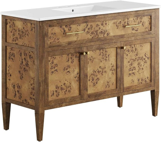 Modway Elysian 48" Burl Wood Single Bathroom Vanity in White Brown with Ceramic Sink Basin