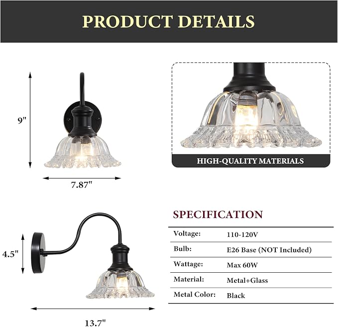 Bathroom Vanity Lights 2 Pack, Black Wall Sconce with Pressed Patterned Glass Lampshade, Farmhouse Wall Light Fixtures for Bathroom, Bedroom, Living Room, Entryway