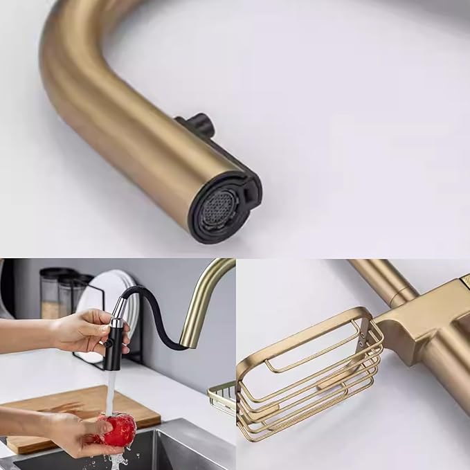 JRUIA Gold Extendable Bathroom Faucet, 360° Swivel Brass Faucet, Kitchen and Sink Mixer Tap, Modern Faucet with Soap Holder,Black