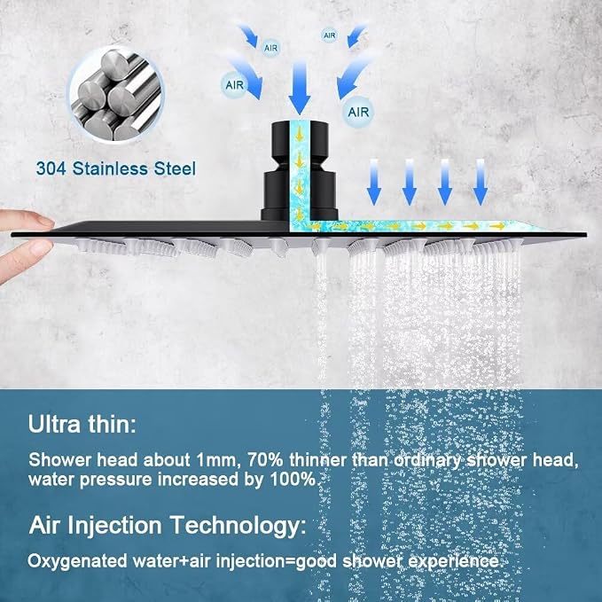 Matte Black Shower Faucet Set, Bathroom Rainfall Shower System with Stainless Steel Metal Showerhead, Single Function Shower Trim Kit with Rough-in Valve