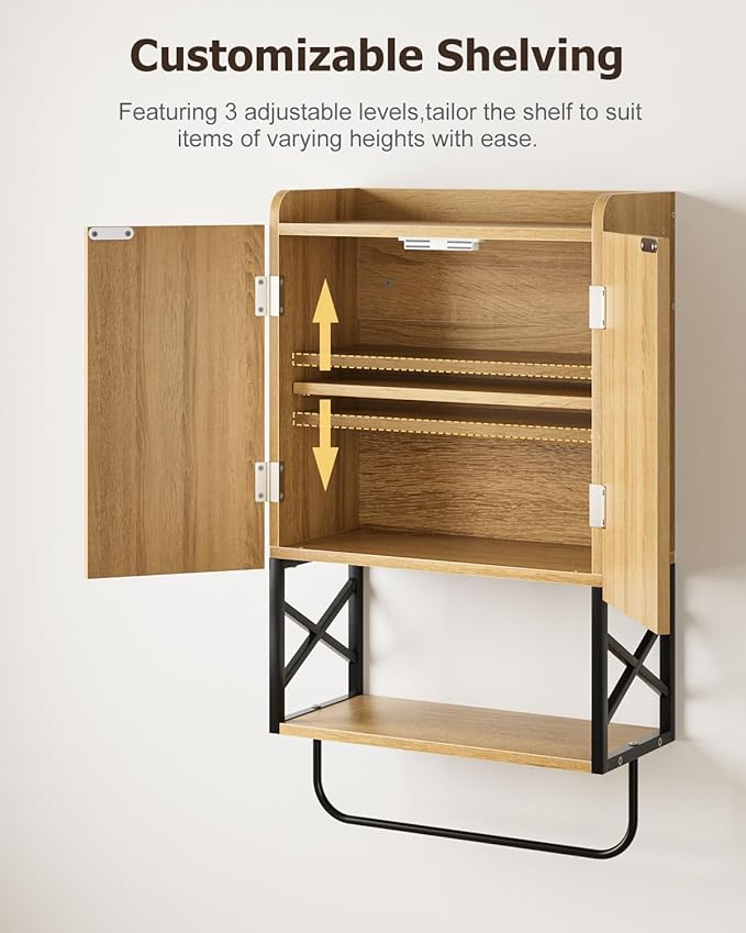 Masupu Bathroom Cabinet Wall Mounted, Wooden Medicine Cupboard with Adjustable Shelves, Space-Saving Wall Storage Unit for Bathroom, Kitchen and Living Room (9" D x 15.35" W x 27.16" H,Modern Oak)