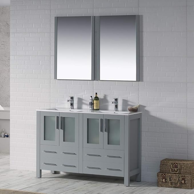 Blossom 48" Double Sink Vanity Solid Wood | Modern Metal Grey Bathroom Vanity with Sink | 18" Narrow Depth Space Saving Design | Soft Close Drawers & Tempered Glass Doors | Master Suite Upgrade
