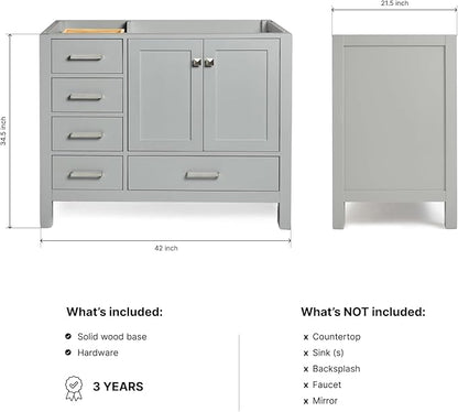 ARIEL Cambridge 42-inch Bathroom Vanity Base Cabinet,Solid Wood, 2 Soft Closing Doors, 5 Dovetail Drawers, Grey