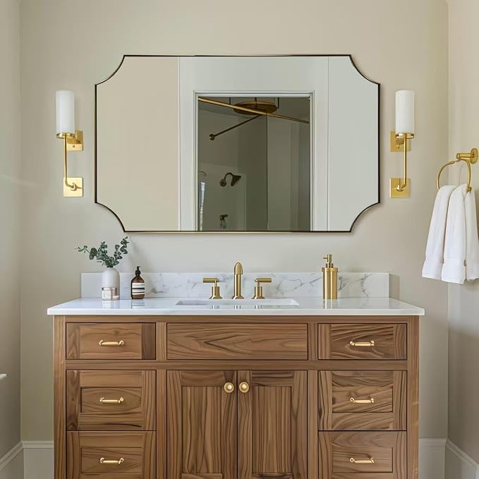 30x48 Inch Brushed Gold Mirror, Unique Rectangle Mirror for Bathroom, Large Scalloped Bathroom Mirror with Rust-Proof Stainless Steel 1" Frame, Hangs Vertically or Horizontally