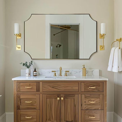 30x48 Inch Brushed Gold Mirror, Unique Rectangle Mirror for Bathroom, Large Scalloped Bathroom Mirror with Rust-Proof Stainless Steel 1" Frame, Hangs Vertically or Horizontally
