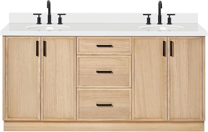ARIEL Kelly 72-inch Bathroom Vanity with Sink,Solid Wood, 1.5-inch Pure White Quartz Countertop & Backsplash, Double Oval Porcelain Sink, 4 Soft Closing Doors, 5 Dovetail Drawers, White Oak