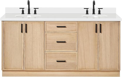 ARIEL Kelly 72-inch Bathroom Vanity with Sink,Solid Wood, 1.5-inch Pure White Quartz Countertop & Backsplash, Double Oval Porcelain Sink, 4 Soft Closing Doors, 5 Dovetail Drawers, White Oak