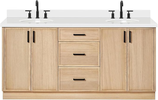 ARIEL Kelly 72-inch Bathroom Vanity with Sink,Solid Wood, 1.5-inch Pure White Quartz Countertop & Backsplash, Double Oval Porcelain Sink, 4 Soft Closing Doors, 5 Dovetail Drawers, White Oak