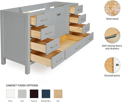ARIEL Cambridge 60-inch Bathroom Vanity Base Cabinet,Solid Wood, 2 Soft Closing Doors, 9 Dovetail Drawers, Grey