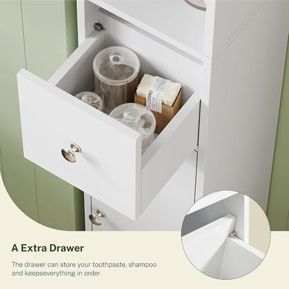 Bathroom Cabinet, Narrow Bathroom Storage Cabinet with 5 Adjustable Shelves & Drawer, Freestanding Cupboard for Small Spaces, White