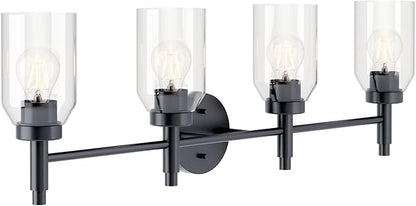 Kichler Madden 4-Light Vanity with Clear Glass in Black, Sloped Ceiling Compatible, for Single or Double Vanity in Bathroom (10.5" x 34"), 55186BK