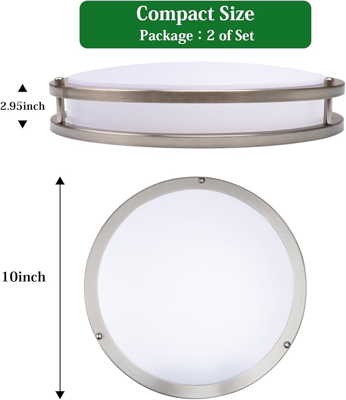 10inch LED Flush Mount Ceiling Light Fixture Dimmable Brushed Nickel, Easy Install LED Ceiling Lamp Fixture Without Flicker, Super Bright 24W 2400LM 5000K 2-Pack