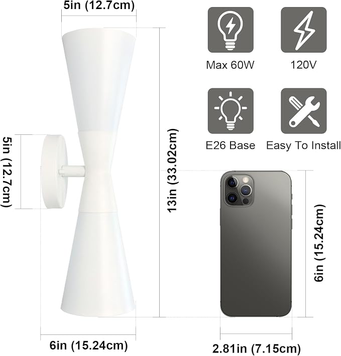 Modern Indoor Wall Sconces Set of 2 Up and Down White Wall Sconces Mid Century Indoor Wall Light Fixture Hardwired Wall Mounted Lamp for Living Room Bathroom Bedroom Hallway 13 Inch