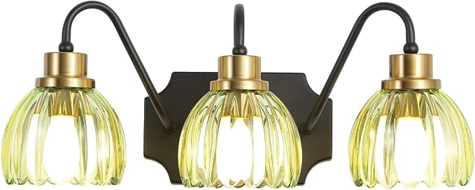 3-Light Bathroom Vanity Light, Black Vanity Light, Vintage Black Finish Wall Mount Sconces with Tulip Glass Shade, Mid Century Hardwired Wall Sconces for Bedroom, Living Room, Hallway