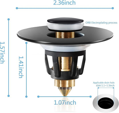 Black Bathroom Sink Stopper – Pop Up Drain Stopper & Sink Strainer, Universal Sink Plug for 1.1" to 1.5" Bathroom Sink Drain Pipes, Matte Black Finish