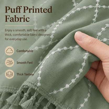 OVZME Sage Green Stall Shower Curtain for Bathroom, Puff Printed Textured Shower Curtain with Tassels, Geometry Heavy Duty Vintage Country Narrow Bathroom Curtain, Water Resistant Fabric, 36Wx72L