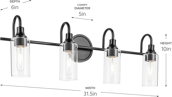 Kichler Kavi 31.5" 4-Light Vanity Light with Clear Glass in Black, Damp Rated, for Bathroom, Powder Room, Over a Mirror, (31.5" W x 10" H), 55212BK