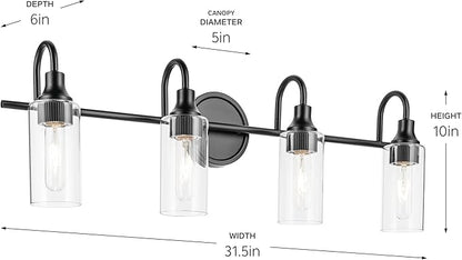 Kichler Kavi 31.5" 4-Light Vanity Light with Clear Glass in Black, Damp Rated, for Bathroom, Powder Room, Over a Mirror, (31.5" W x 10" H), 55212BK