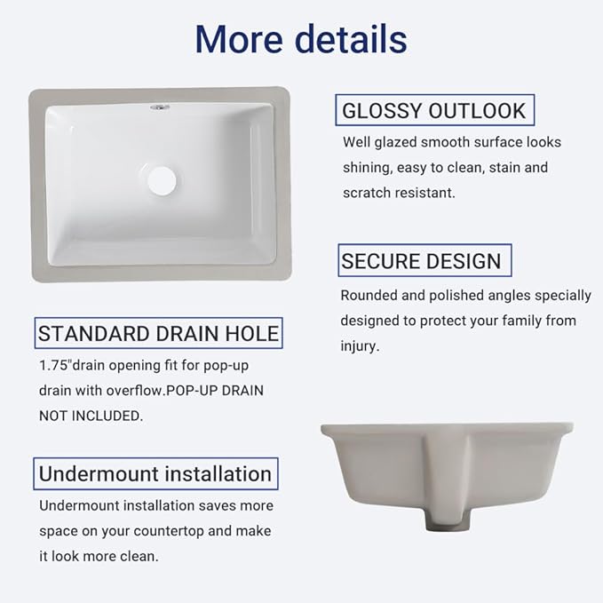 18in Undermount Bathroom Sink Rectangular, 18.1" x 13.8" Vessel Sink Rectrangle Undermount Bathroom Sink White Ceramic Lavatory Vanity Vessel Sink with Overflow