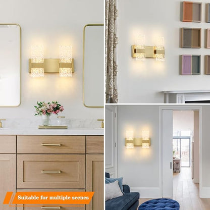Modern Brushed Gold 4-Lights Bathroom Vanity Light, Eleglant Brass LED Bathroom Light Fixtures over Mirror, Dimmable Acrylic Shade Wall Lighting Fixtures, Hardwired Wall Light(H9.25in, L13.78in)