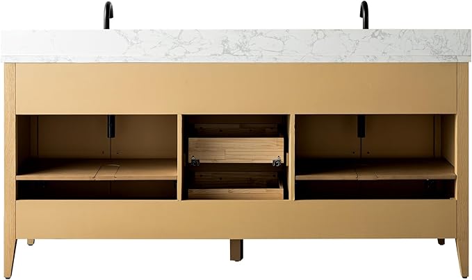 HomeBeyond 72 Inch Bathroom Vanity with Sink & Ceramic Top, Double Vanity Cabinet with Basin, Soft-Closing Doors & Matte Black Hardware, Natural Oak
