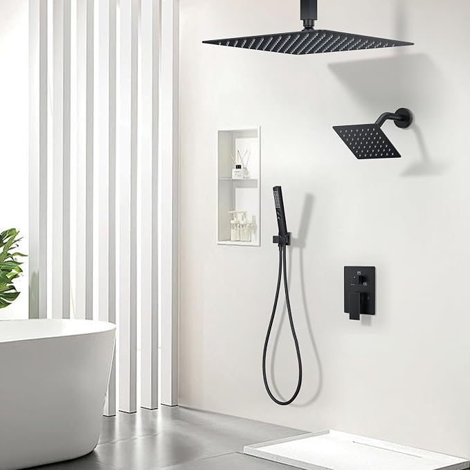Rain Shower System 12" & 6" Dual Shower Heads Ceiling Shower Faucet Set | Ideal for bathroom remodels and upgrades with 12" rain shower, 6" angled shower, handheld spray and complete valve kit.
